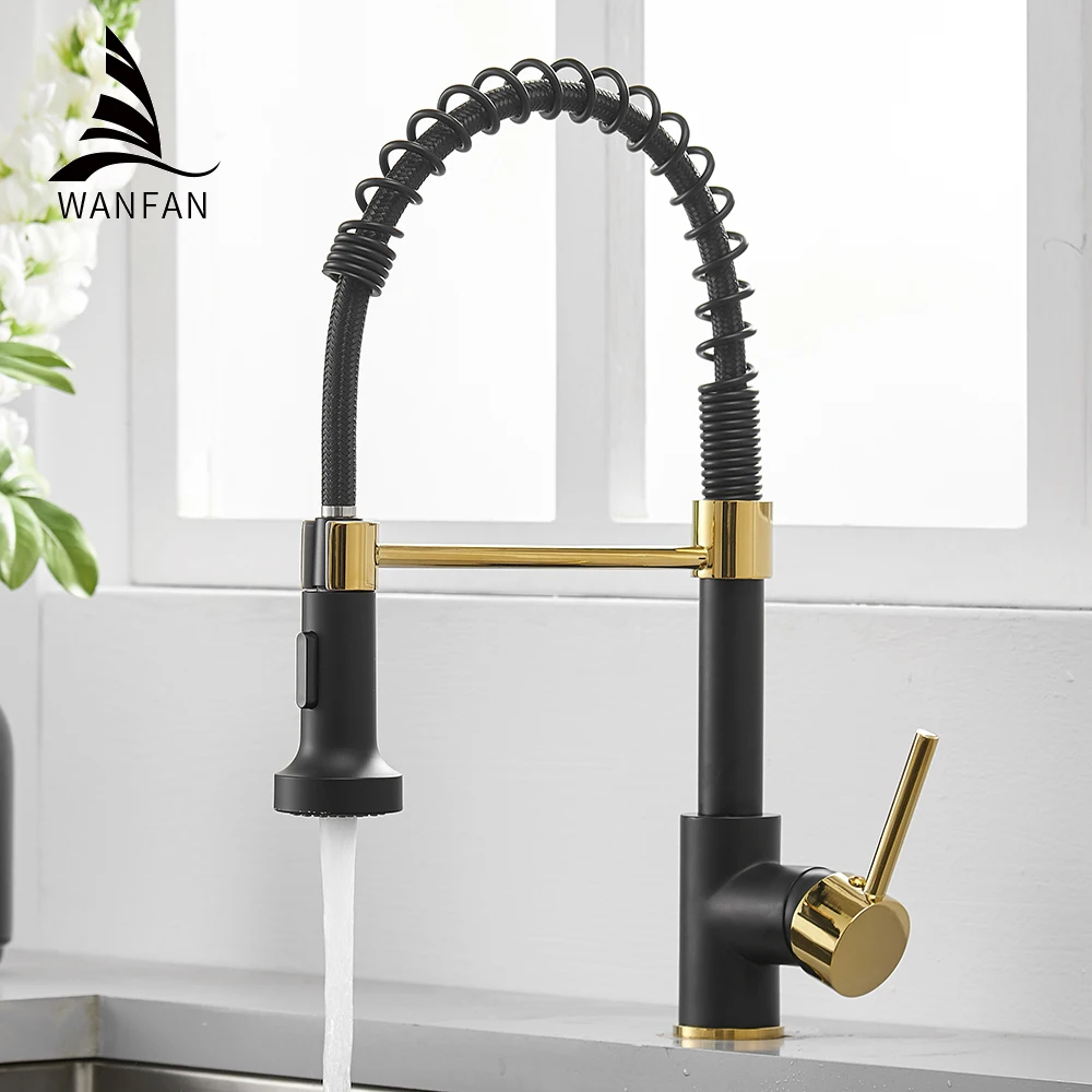 Kitchen Faucets Black Brass Faucets for Kitchen Sink  Single Lever Pull Down Spring Spout Mixers Tap Hot Cold Water Crane 9009