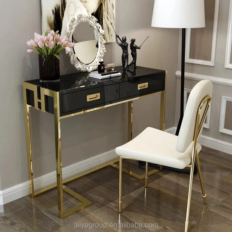 Aliye Wooden Top and Brushed Bronze Stainless Steel Base Beige simpleness Dressing Table