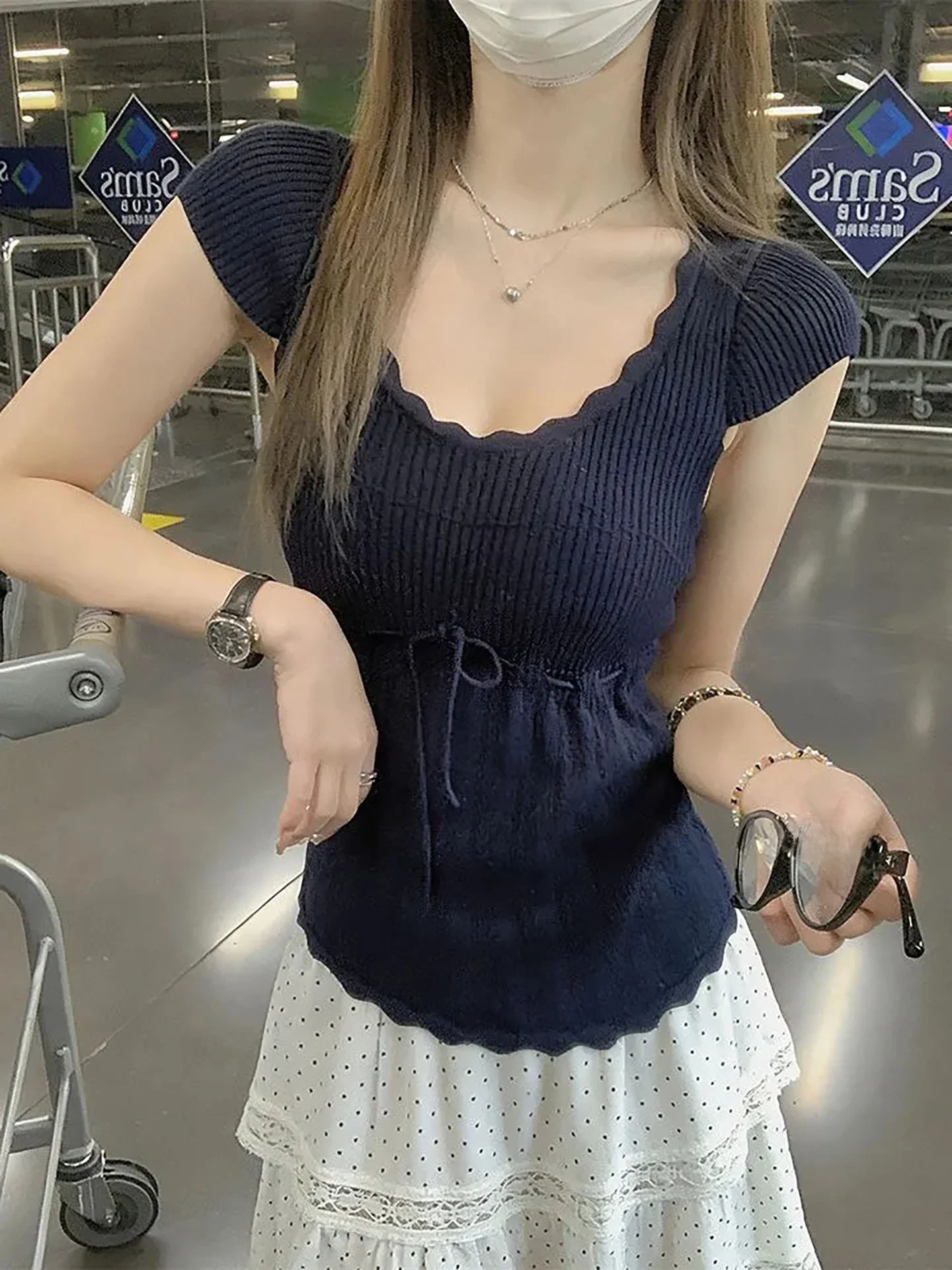 

Облегающий вязаный топ королевского синего цвета с поясом и бантом, базовый слой для женщин, мягкий, в американском стиле