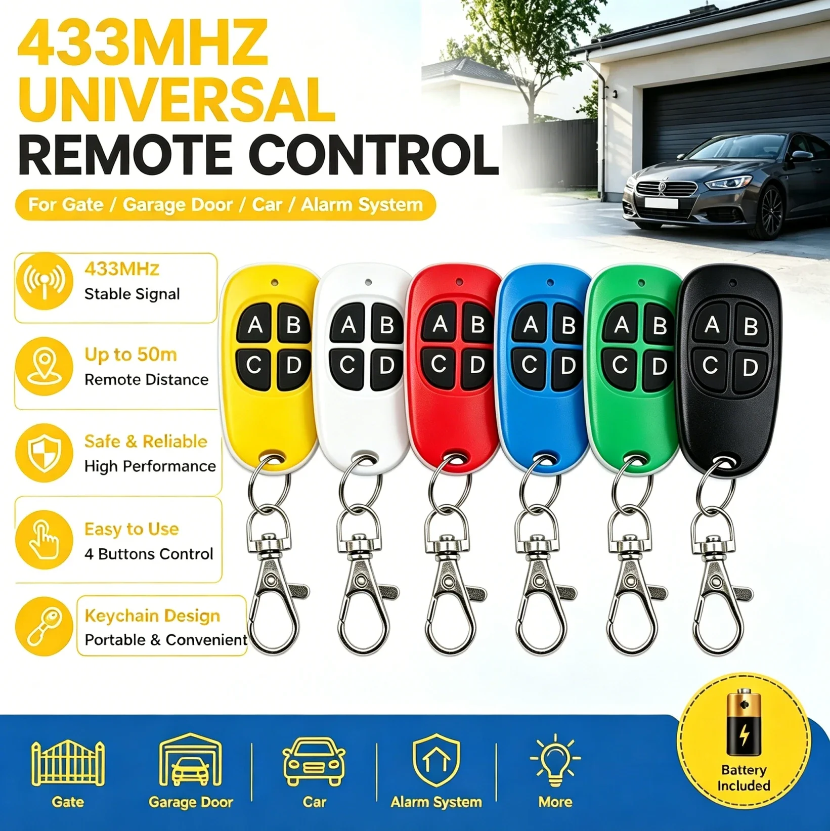 433MHz Remote Control Duplicator 4-Button – 5PCS Cloning Transmitter for Car Key, Garage Door – Copy & Clone Code Key Fob