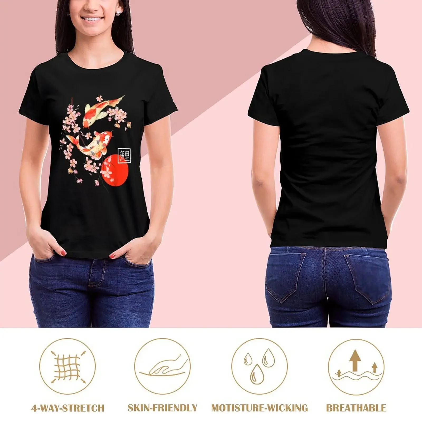 Cherry Blossom Koi Carp Fish Japanese Sakura T-Shirt cute clothes customizeds aesthetic clothes Women's summer blouses 2024