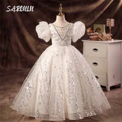 Sweet Puff Sleeve Flower Girl Dresses, Sequins Ball Gown Floor Length Birthday Party Gown For Kids, Wedding Guest Dress