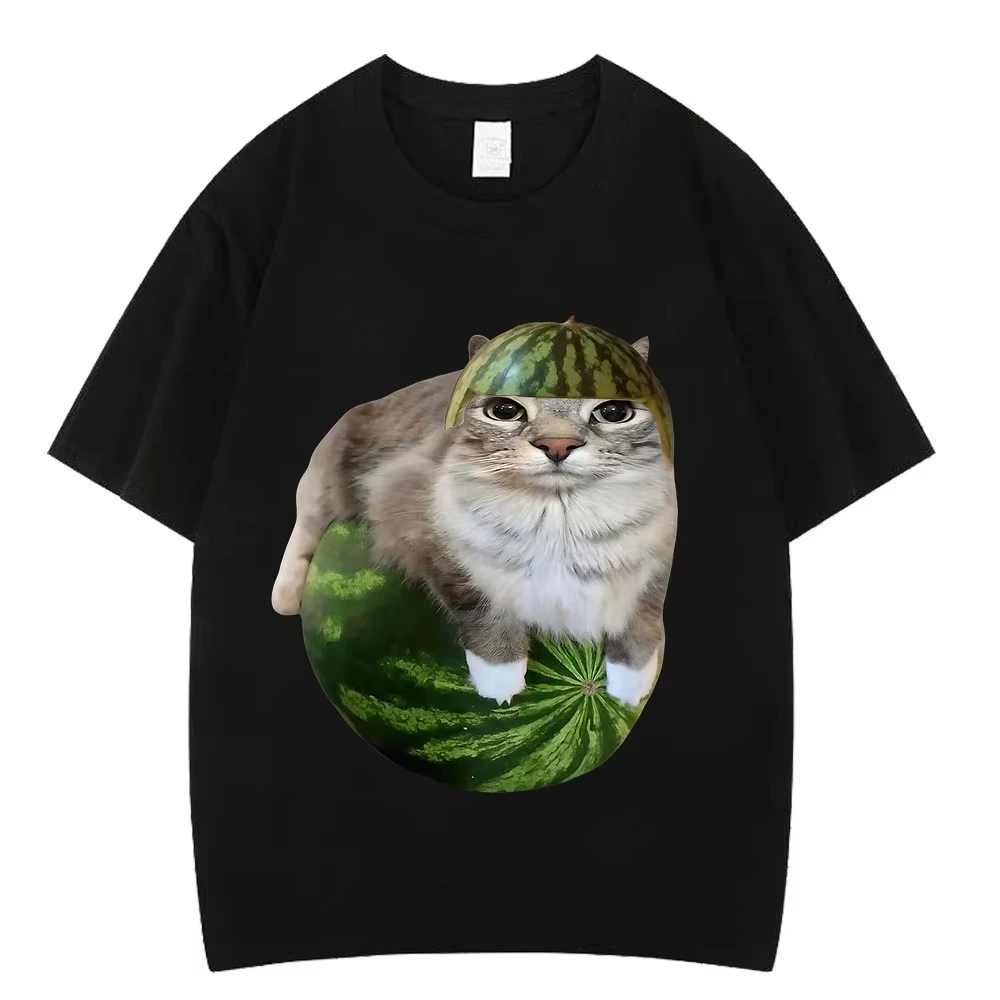Watermelon Cat Silly Cat Funny Meme T Shirts Men's Women Clothing Casual pure Cotton T-shirt Fashion T-shirts Streetwear