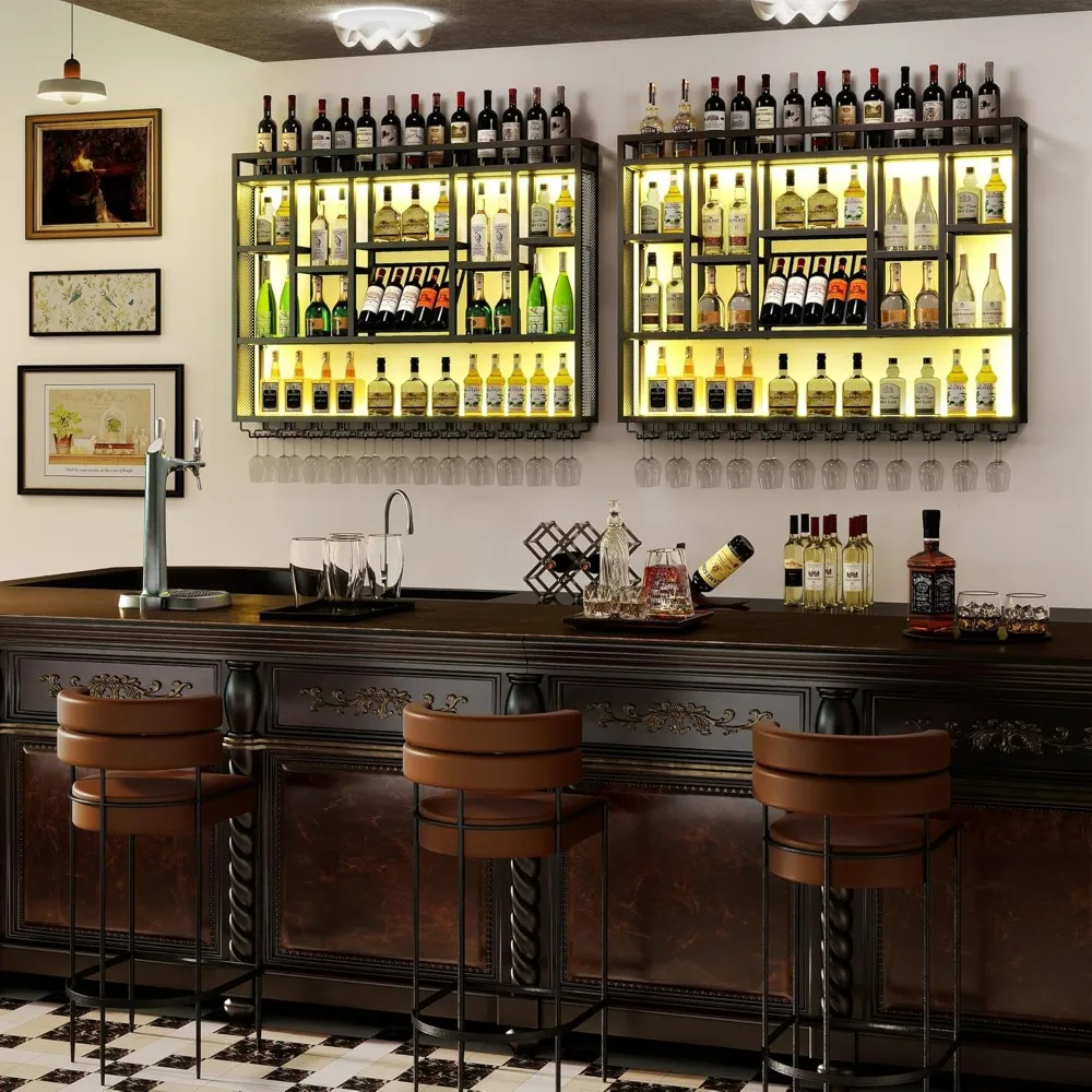 4-tiers 59in wine rack wall mounted with led light, floating bar shelves for liquor bottles, metal industrial hanging display sh