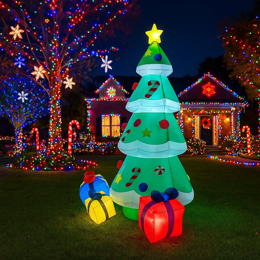 Cajas de regalo inflables para árbol de Navidad, 2,4 M/7,8 pies, luces LED para exteriores, decoraciones para el hogar, juguetes, patio, decoración de iluminación para fiestas navideñas