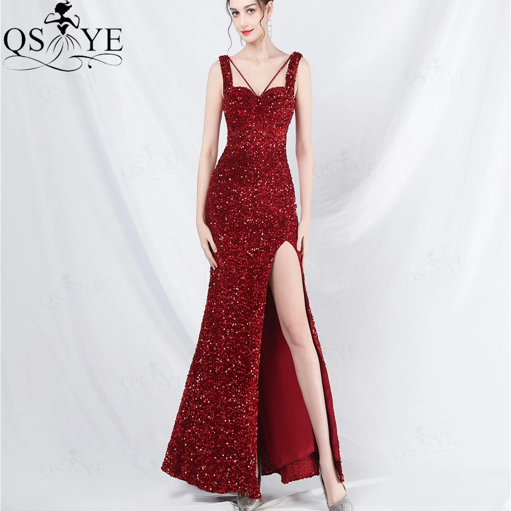 

Burgundy Sequin Evening Dresses Shoulder Straps Fit Red Prom Dress with Slit Woman Sparkle Sequined Velvet Party Formal Dress