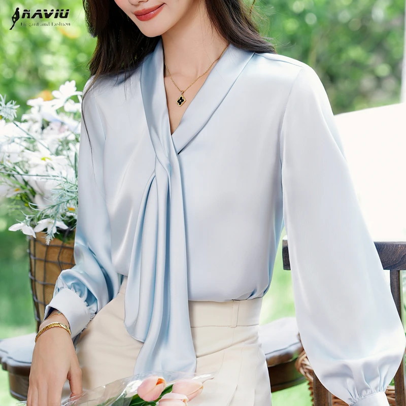 

NAVIU офисная женская блузка с v-образным вырезом и лентой, весенне-осенняя женская одежда, однотонная повседневная рубашка, рабочие топы