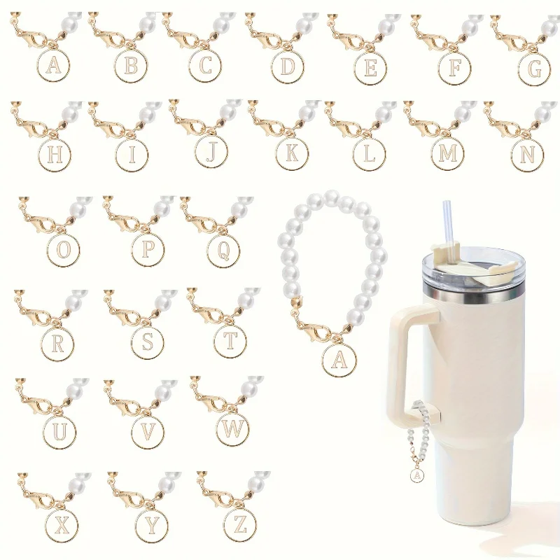 Pearl Chain Letter Charm For Stanley Cup Accessories Personalized Initial Name Decorations Water Bottle Tumbler Handle Pendant