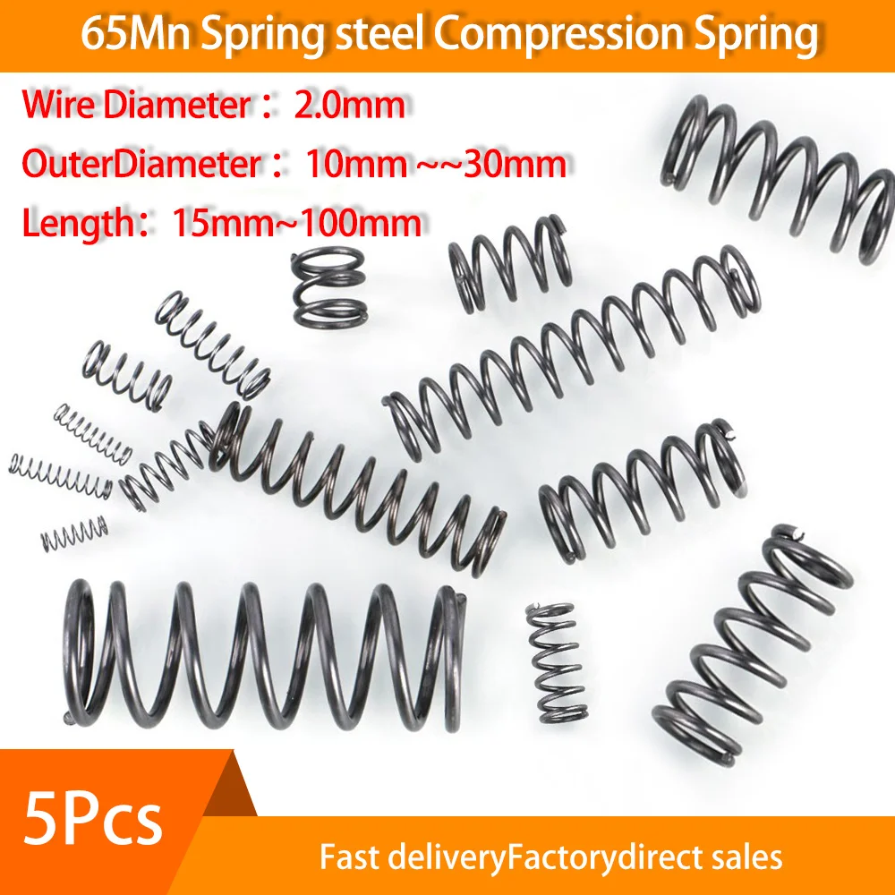 

5Pcs Diameter 2.0mm 65Mn Compression Spring Cylidrical Coil Return Springs diameter 10mm-30mm Release Pressure Spring L15-100mm