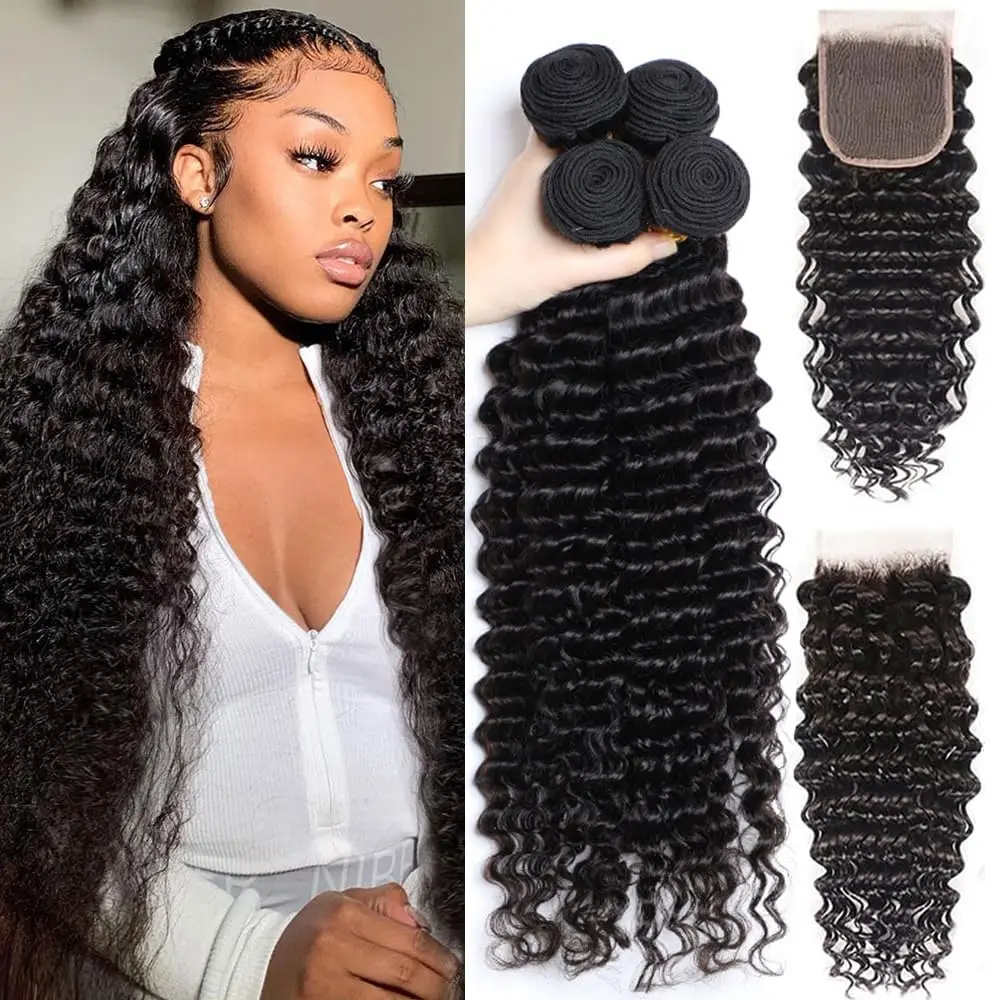 

Пучки глубоких волн с застежкой Человеческие волосы Глубокая волна 3 пучка и кружевная застежка 4x4 100% бразильские девственные вьющиеся пучки волос Remy