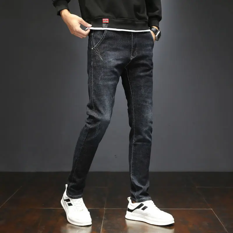 Spring Summer Men's Slim Fashionable Mid Waist Jeans Trend All-match Casual Elastic Solid Color Pencil Trousers Male Clothes