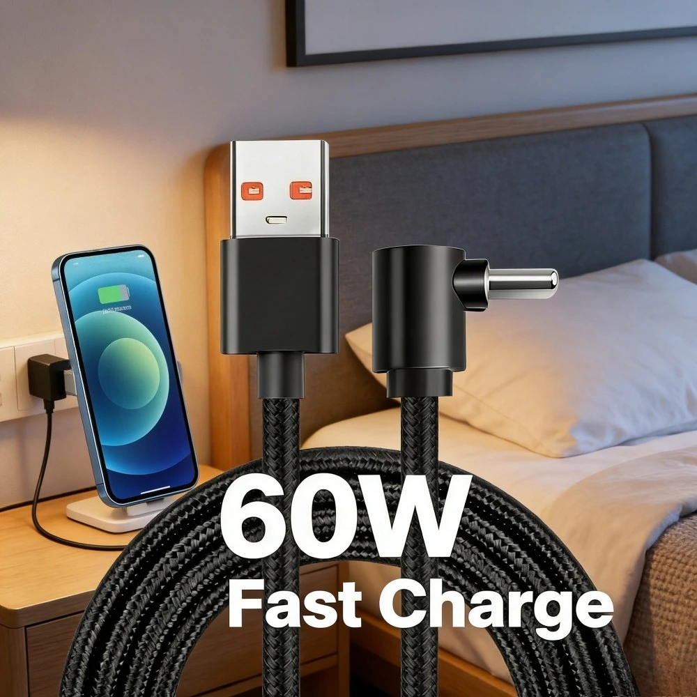 

Кабель для передачи данных 60 Вт с прямым углом, нейлоновая оплетка, быстрая зарядка, для Samsung Xiaomi Redmi, угловой зарядный кабель 90 градусов, USB-C провод