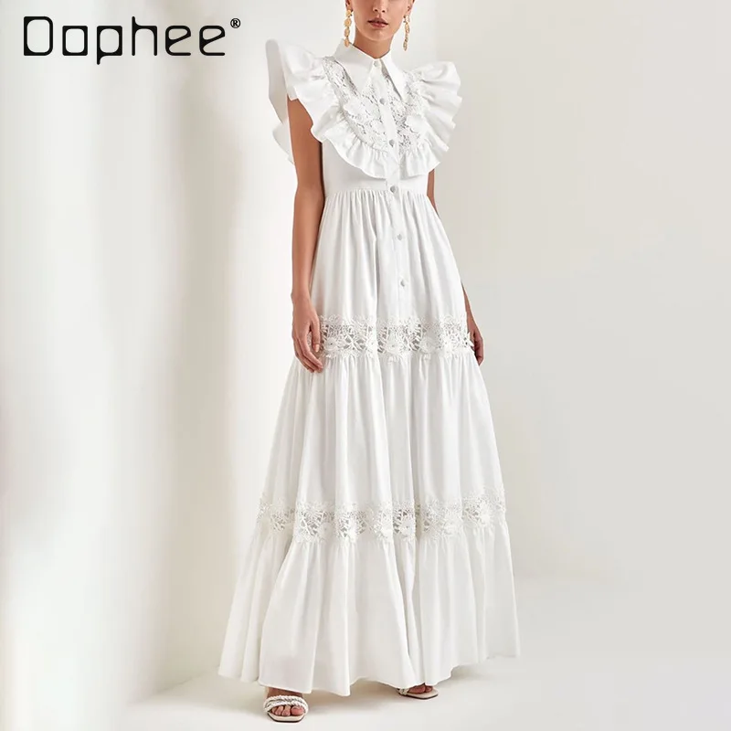 Temperament Lace Embroidery White Long Dress 2024 Summer New French Style Polo Collar Ruffle Sleeve Waist-Tight Long Dresses