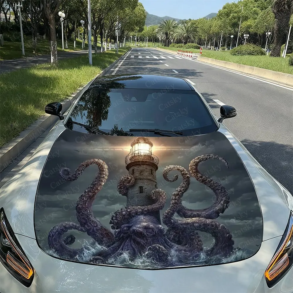 Sea Monsters And Lighthouses Car Hood Sticker, Vinyl Film Decal For Vehicle Modification - Waterproof & Scratch-Resistant Self A
