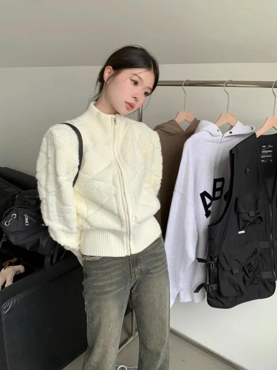 เสื้อคาร์ดิแกนไหมพรมถักแบบมีซิปสำหรับผู้หญิง คอตั้ง สวมใส่สบาย เหมาะสำหรับฤดูใบไม้ผลิ ฤดูใบไม้ร่วง และฤดูหนาว ทรงหลวม ยาว