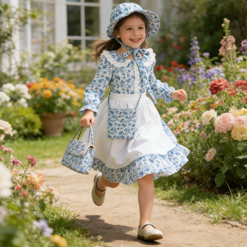 Carnival Girls Birthday Dress White Costume Garden Maid Dress+Cap Vintage Dress Cosplay Costume Prairie Pioneer Princess Dress