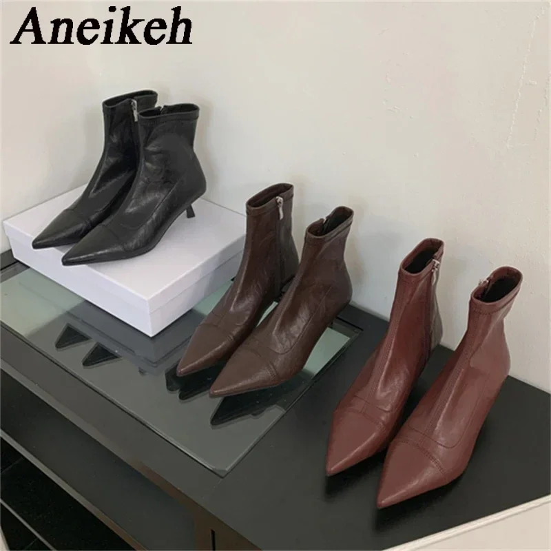 Aneikeh Fashion Designer Vintage Pointed Toe Thin Low Heels Ankle Boot Wedding Party Shoes Autumn Winter Chelsea Short Booties