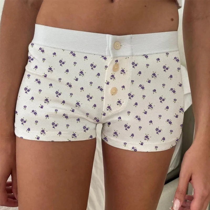 Mujeres Coquette Y2K Lindo Boxer Shorts Boy Shorts Estampado floral Botón de talle bajo Front Micro Pijama Shorts Slim Fit Lounge Bottoms