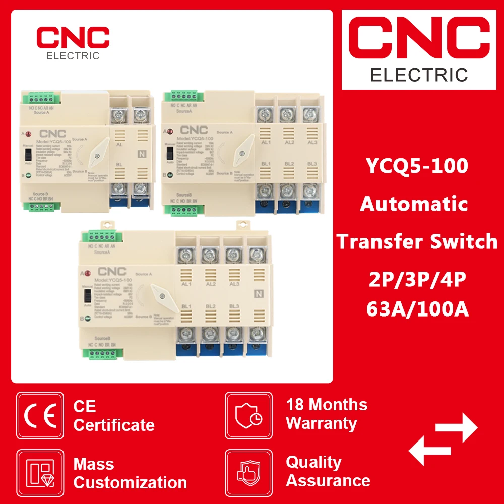 

CNC Din Rail ATS Dual Power AC 2P/3P/4P 220V Automatic Transfer Switch Uninterrupted Power Controller 50/60Hz 63A/100A