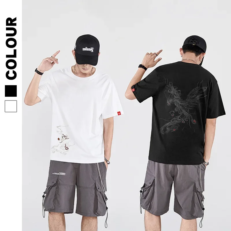 2023 Summer New Pure Cotton Loose Short Sleeve T-shirt Men\'s National Trend Chinese Style Phoenix Embroidery T Shirt Men M-5XL