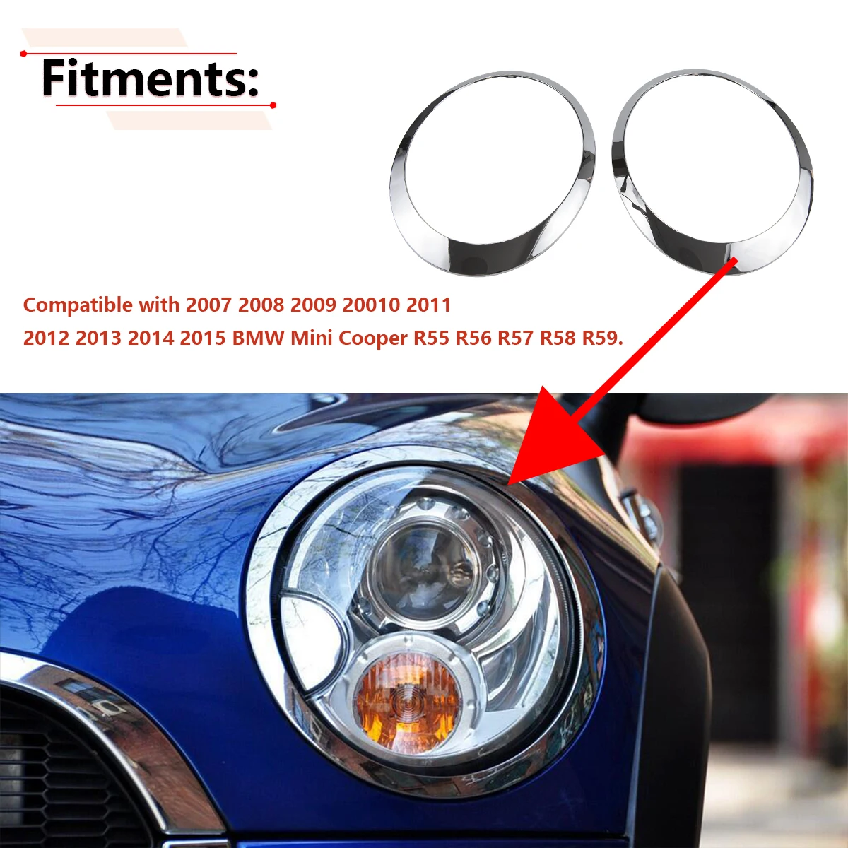 1 Pair For 2007-2015 BMW Mini Cooper R55 R56 R57 R58 R59 Chrome Car Front Headlight Trim Bezel Ring Cover Decor Lamp Frame Kit