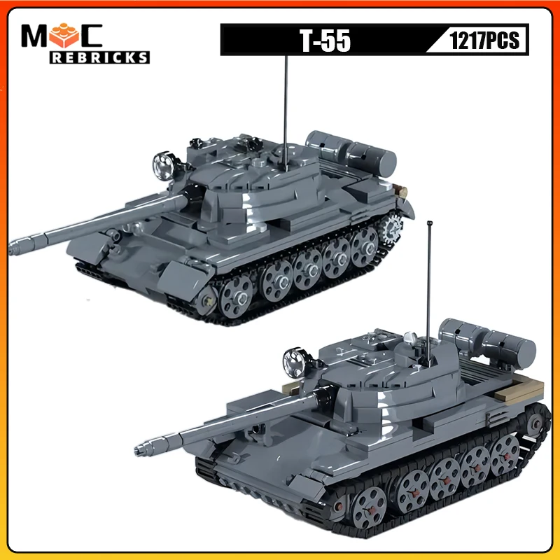 WW II Army Military Panzer T-55 Main Battle Tank Wide Tracks Armoured Vehicle Building Blocks Assembly Model Kids Bricks Toys