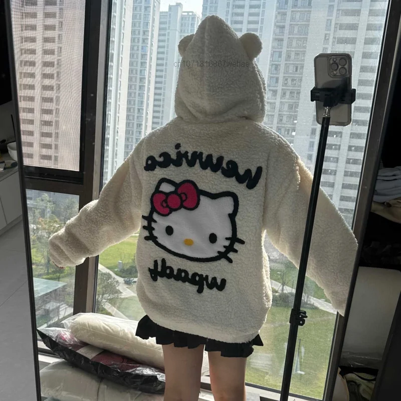 Sanrio Hello Kitty ricamato simpatico cartone animato cappotto con cappuccio giacca di velluto di agnello da donna cappotto di cotone sciolto