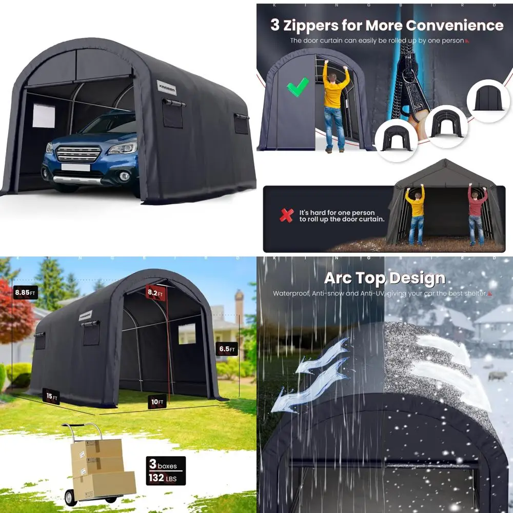 

10' x 15' round style garage shelter heavy duty storage shelter carport portable canopy shed with roll-up ventilated windows fo