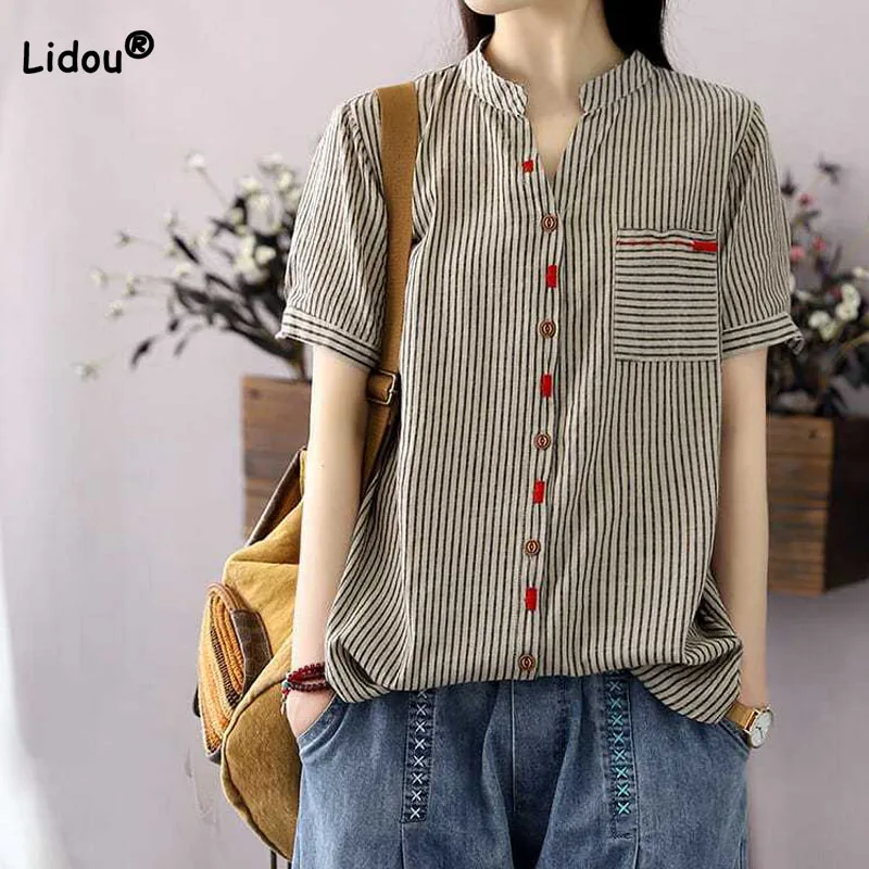 

Women's Clothing Vintage Short Sleeve Striped Shirt Summer Fashion Loose Female Single-breasted Spliced Stand Collar Blouses