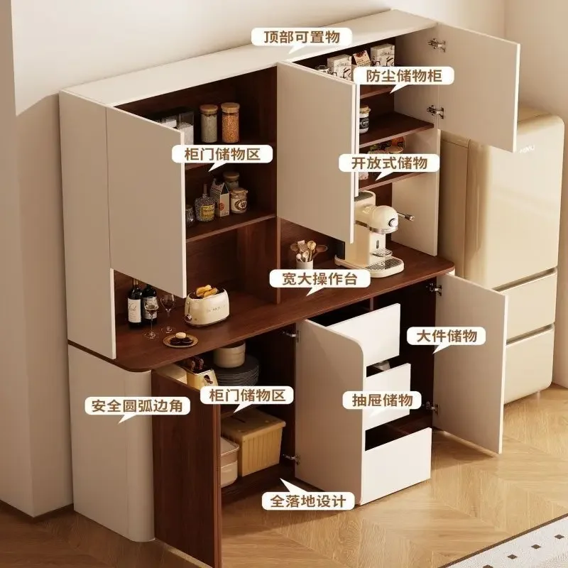Solid wood medieval cream wind rounded corner side cabinet integrated against the wall living room feeding table shelf