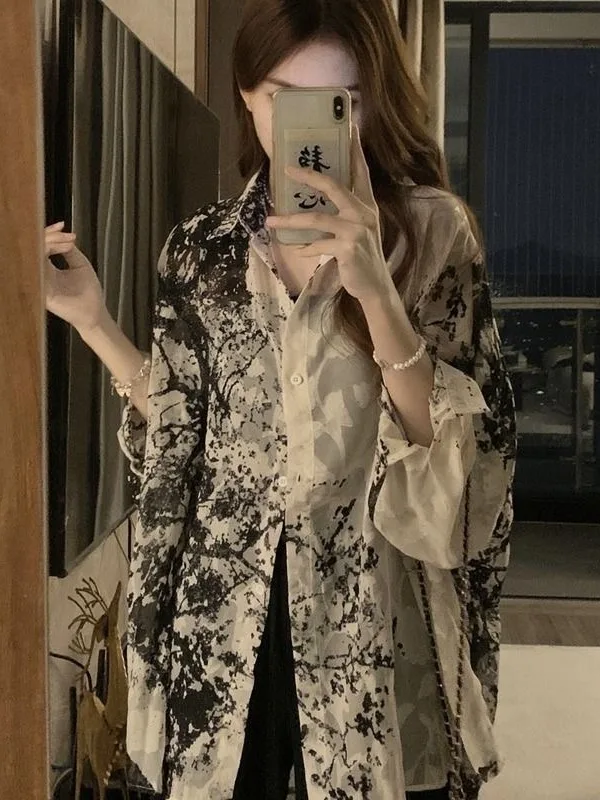 

Женская рубашка-куртка больших размеров, летняя, с длинным рукавом, с принтом в стиле акварели, модная, универсальная верхняя одежда, повседневный стиль, полиэстер
