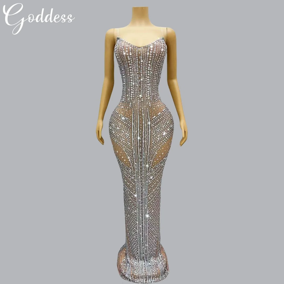 

High-end Sparkling Rhinestone Slimming Sexy Strap Dress Cocktail Dress Birthday Party Evening Gown Nightclub Star Stage Outfit
