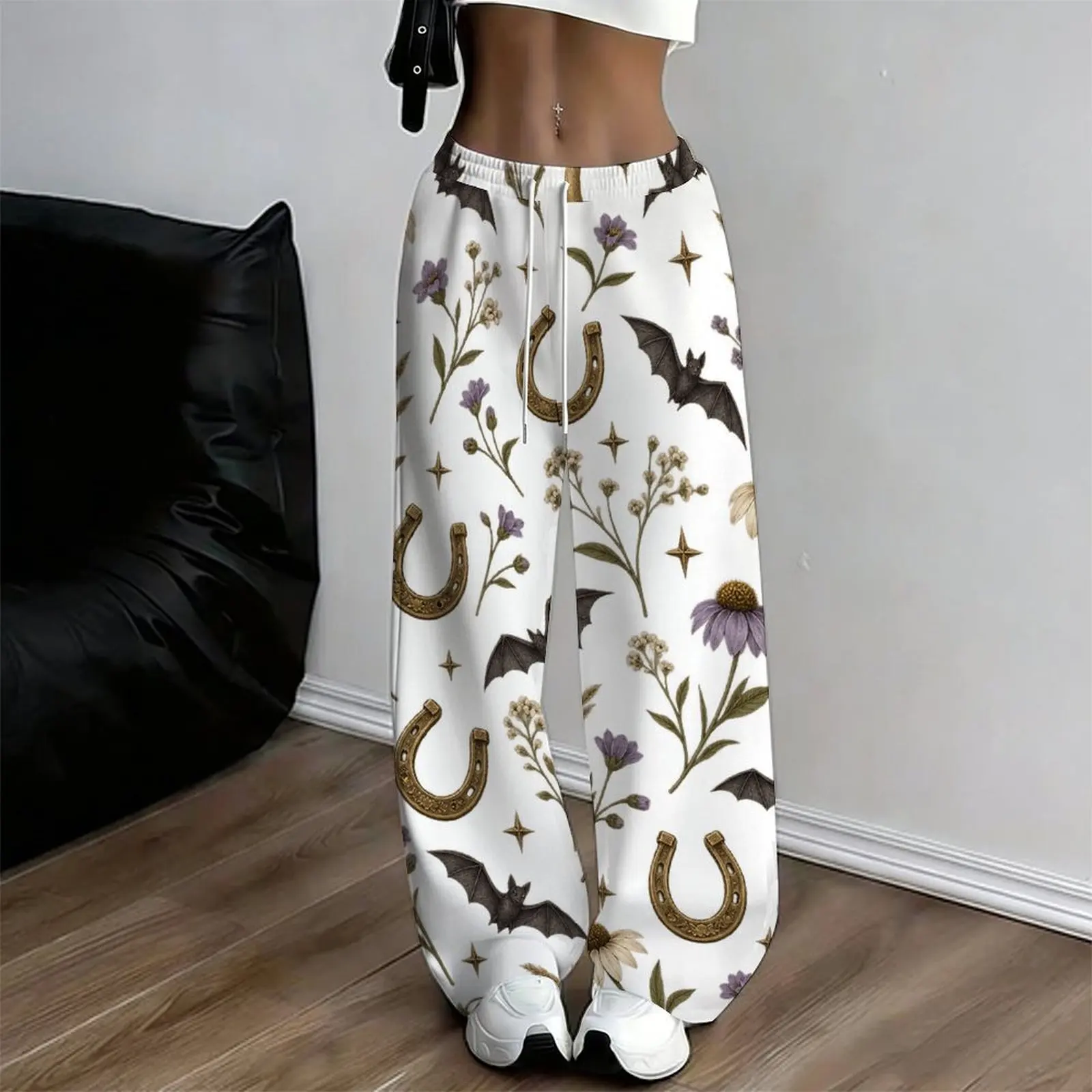 Women White Printed Loose Straight Leg Full Length Pants Bat Horseshoe Floral Star Pattern Casual Trousers