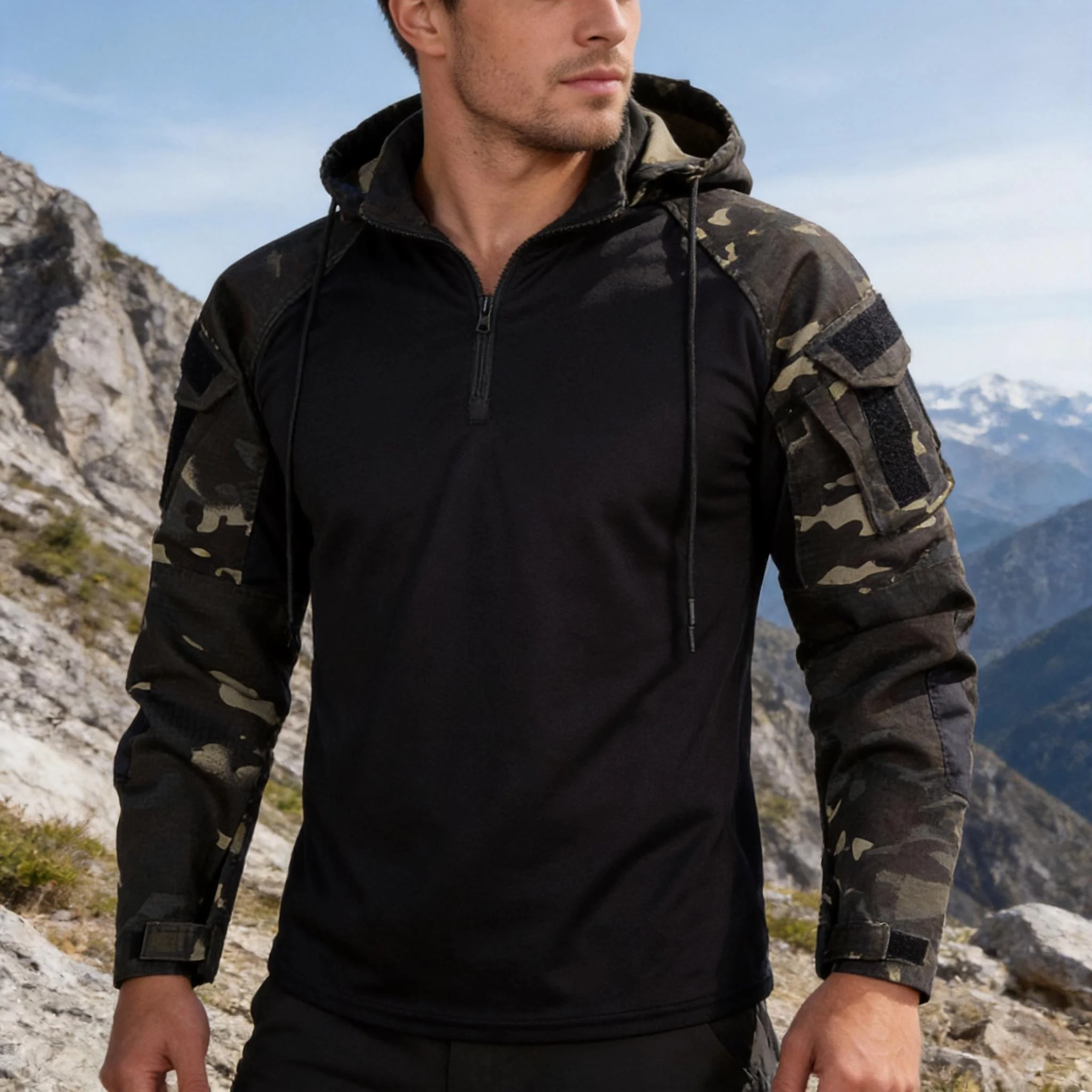 Hooded Multifunctional Pocket Workwear T-Shirt Camo Combat T-Shirt Men Shirts Camping Airsoft Paintball Camping Hunting Clothes