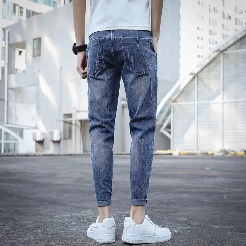 Mens Spring Summer Ankle Length Denim Trousers Slim Fit Skinny Korean Fashion Elastic Lightweight Casual All-Match Jeans
