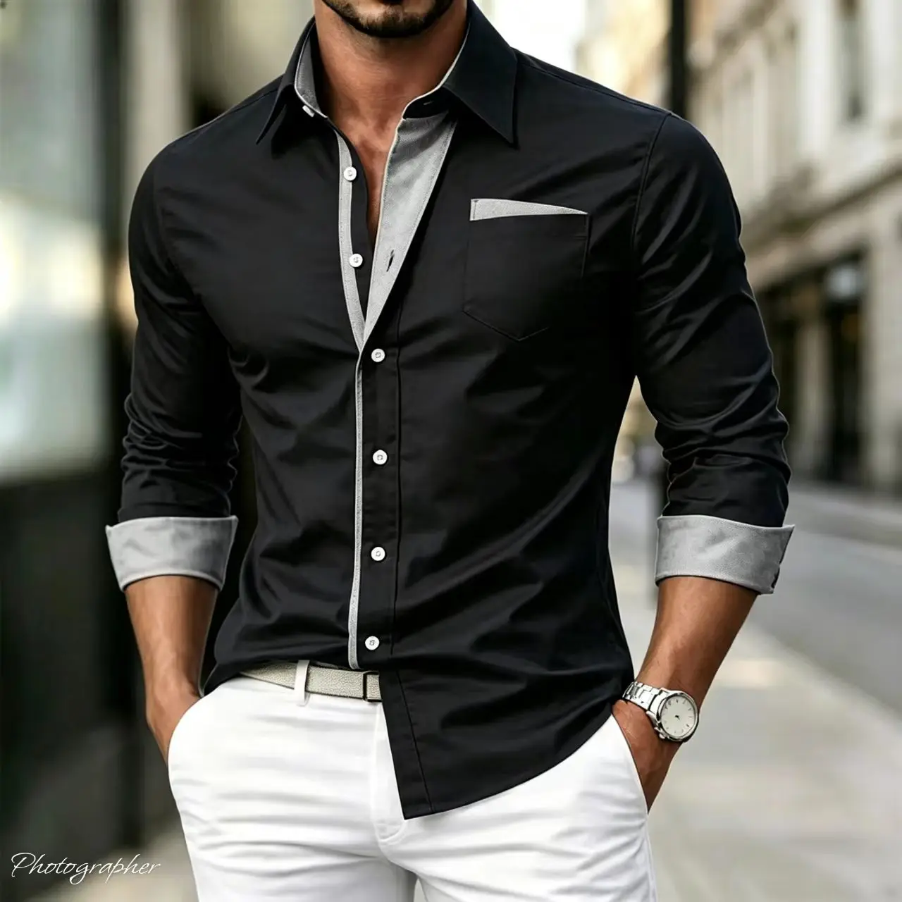 Men's long sleeved shirt, casual fashion style, daily use,  color block splicing fashion design, suitable for spring and autumn。