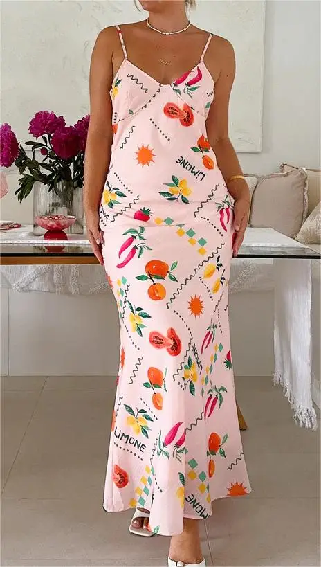 New Fashion Womens Summer Long Papaya Fruit Print Dress Sleeveless V-Neck Dress Club Street Style Skin Friendly Hot Sale S M L