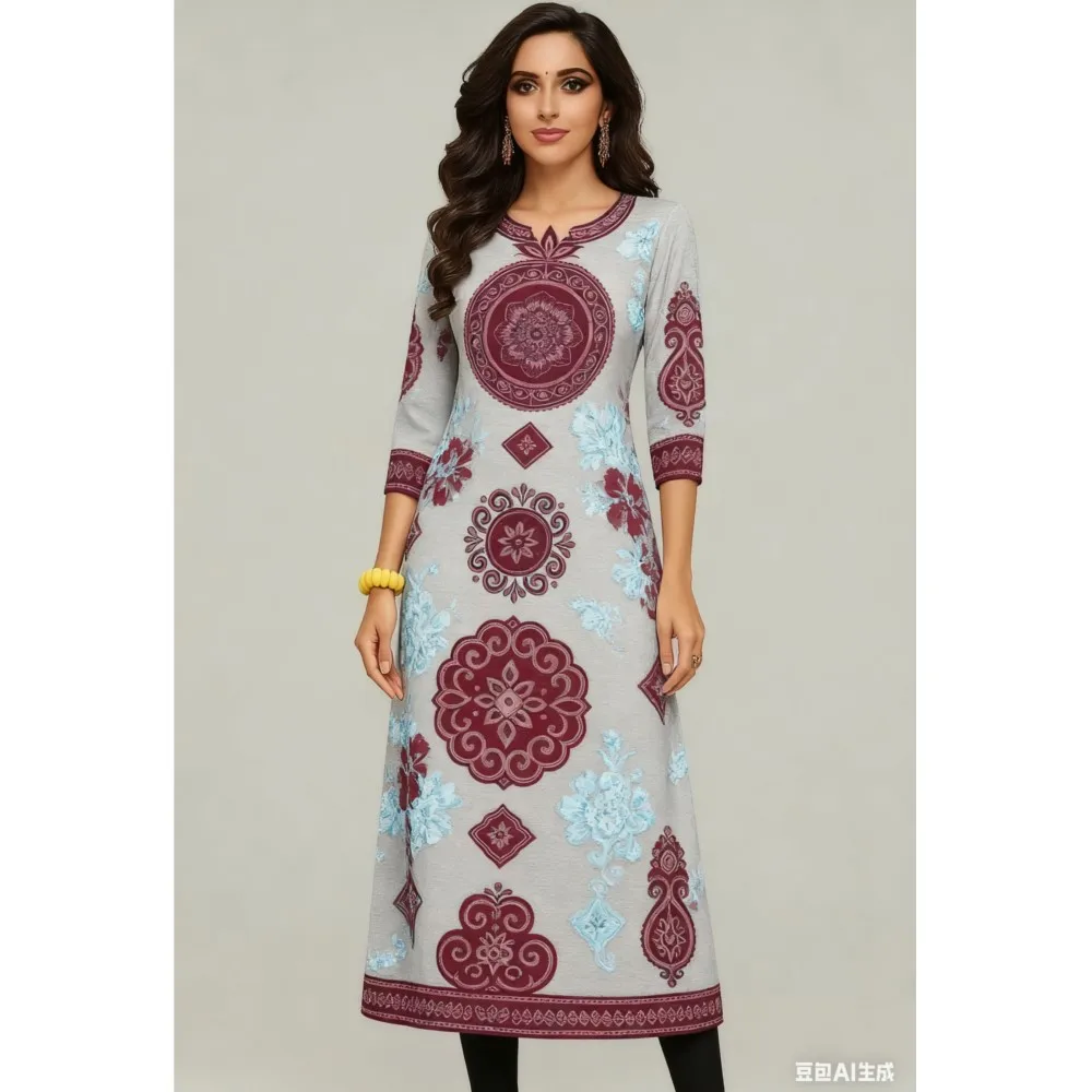 Estilo nacional Kurt moda mujer cómodo manga larga recto Casual étnico patrón de pavo real nuevo vestido señoras Abaya musulmán