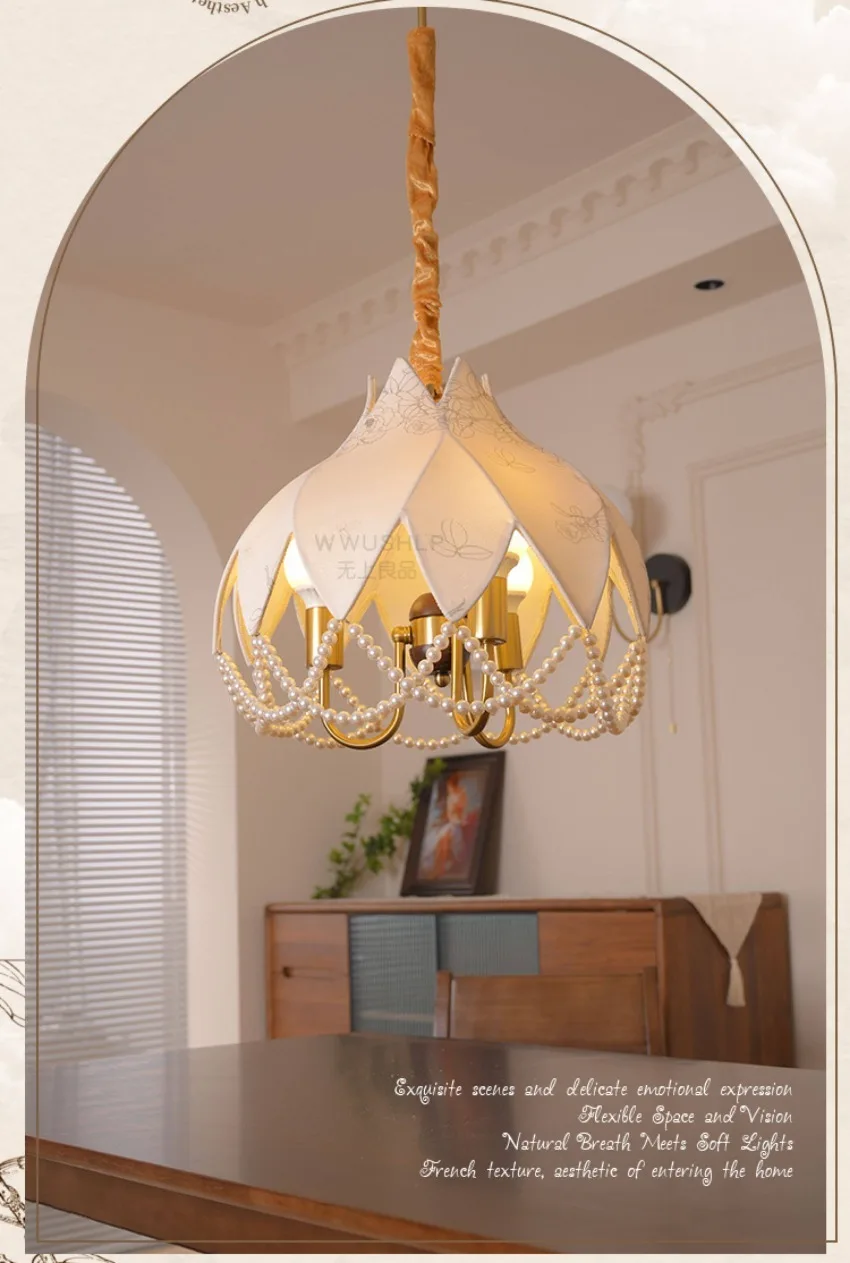 French lotus pearl pendant lights dining room pendant lamps vintage Cloth lantern lights bedroom decorative lighting