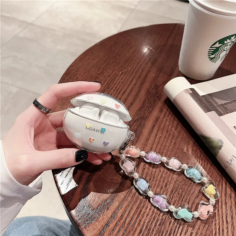 Ins Coréen Étui pour Huawei Freebuds Pro 4 4E 4i Transparent Housse de Casque avec Amour Bracelet pour Huawei Freebuds 3