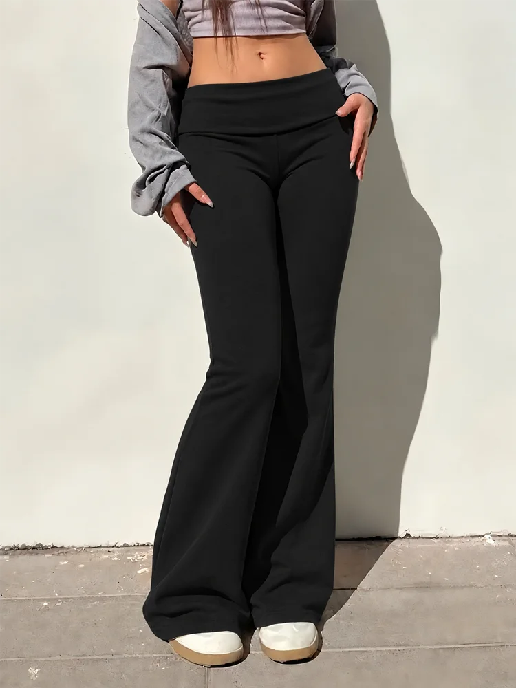 Fold Over Waistband Flared Pants Women High Waist Stretchy Comfy Black Grey Solid Color Casual Lounge Y2K Coquette Trousers Hot