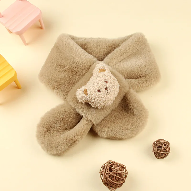 Korean Cute Bear Plush Baby Scarf Solid Color Winter Warm Scarves For Kids Girls Outdoor Warmer Cross Neckerchief