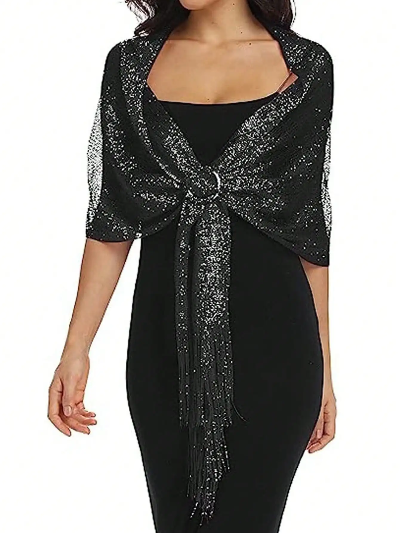 1pc Women Sparkly Shawl Wraps For Evening Dresses Sequin Bridesmaid Stole Scarf With Tassel For Wedding Party 6 Colors Available