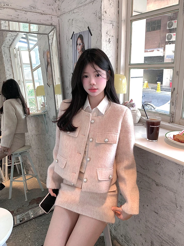 

Розовое шерстяное пальто и юбка трапециевидной формы, комплект из двух предметов, модный корейский осенне-зимний наряд, удобный для женщин