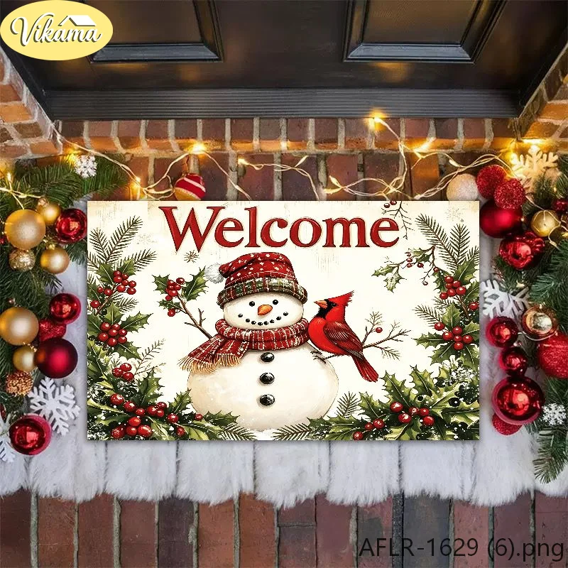 VIKAMA Welcome Snowman Cardinal Holly Christmas Door Mat Noise Reduction Non Slip Front Door Laundry Room Decor Home Decor