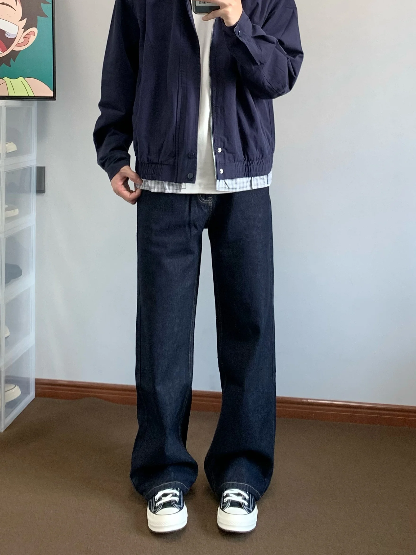 

Cleanfit Vintage Washed Deep Blue Slim Fit Micro Flare Jeans Men Straight Leg Slimming Long Pants Casual Wear Durable Denim