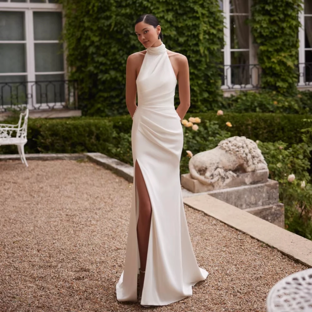 

Новое индивидуальное свадебное платье из плиссированного атласа с вырезом халтер, сексуальное, с высоким разрезом, без спинки, пляжное, фасон «русалка»