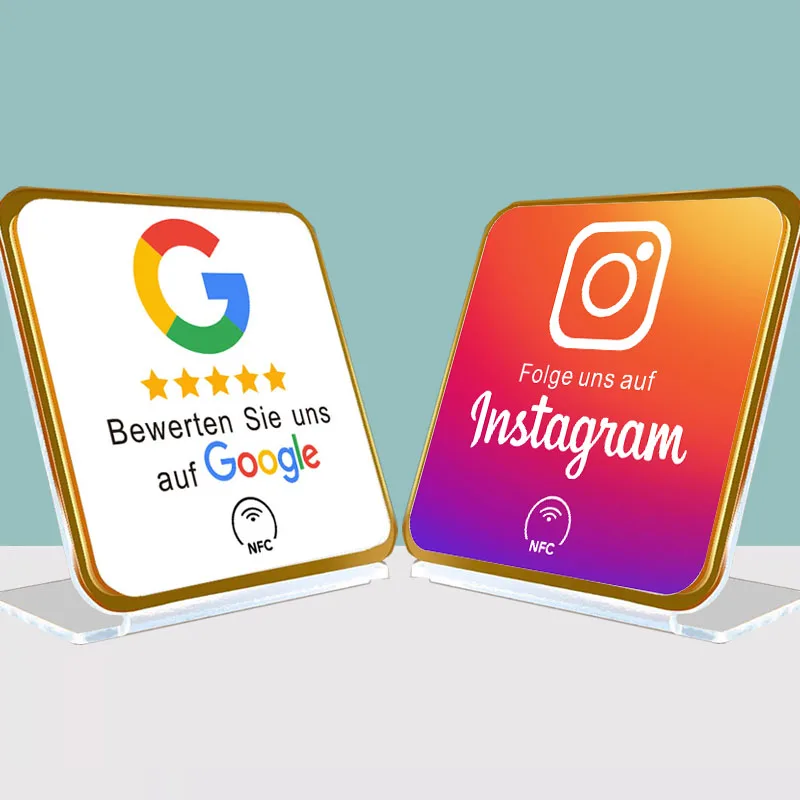 حوامل عرض الكتابة الألمانية تزيد من المراجعات الخمس نجوم الخاصة بك وعلامات مراجعة NFC وعلامات الوسائط الاجتماعية NFC Google Instagram WhatsApp