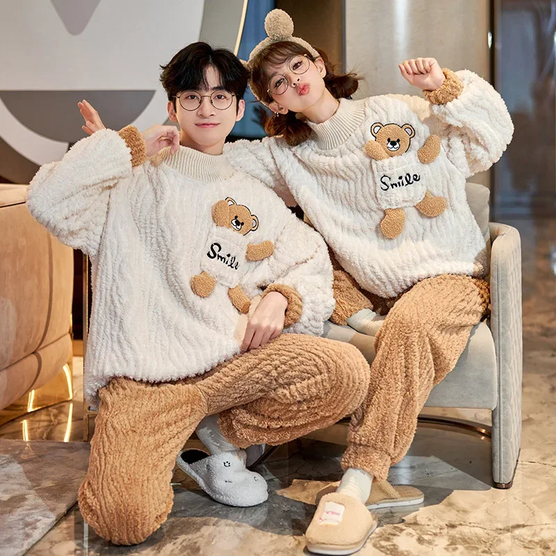 Couples Pajamas Sets Women Men Winter Thicken Sleepwear Pyjama Pour Femme Coral Fleece Korean Cartoon Bear  Loose Lovers Pijama