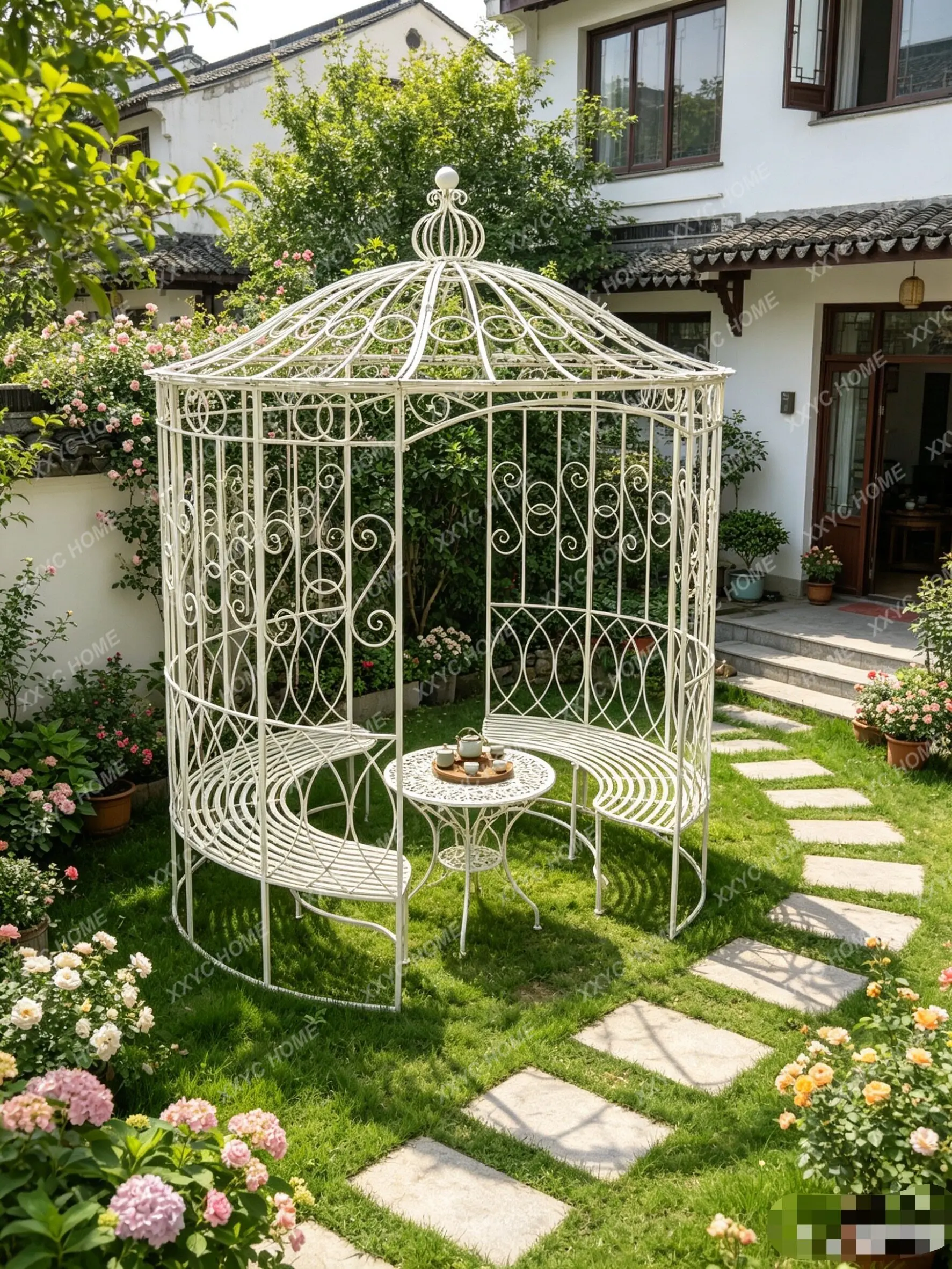 Rural retro wrought iron garden large gazebo, courtyard villa plant climbing vine frame